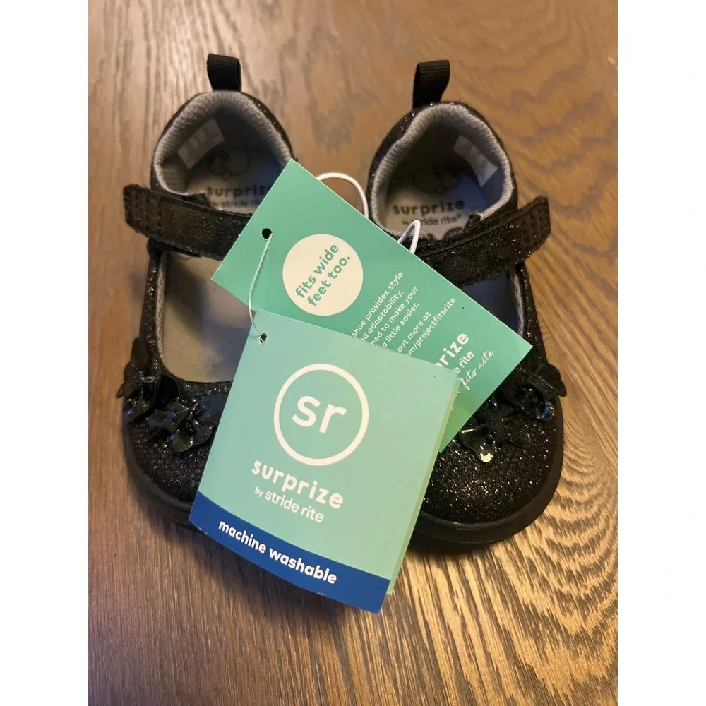 Surprize by Stride Rite Black Glitter Mary Jane Shoes Memory Foam Toddler Kids 6